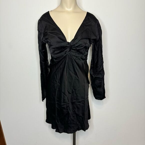 Chaser Women's Small Fit Flare Mini Dress Black Satin Twist Front Detail V Back - Picture 1 of 7